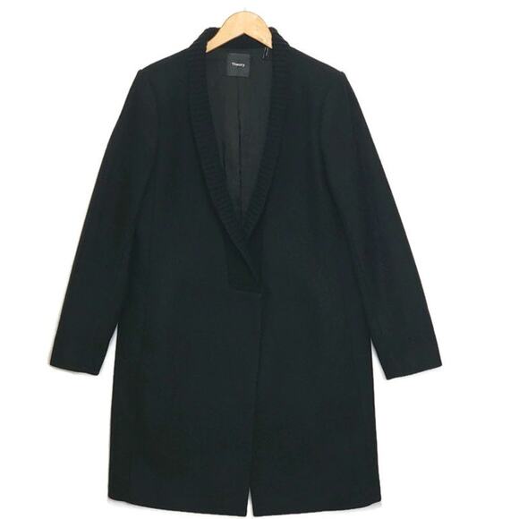 Theory Wool Cashmere Shawl Collar Single Breasted Mid Length Black Coat Size L - Picture 1 of 16